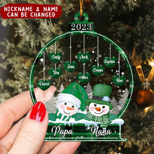 Sparkling Christmas Snowman Papa Nana Dad Mom Heart Kids In Snowball - Personalized Ornament