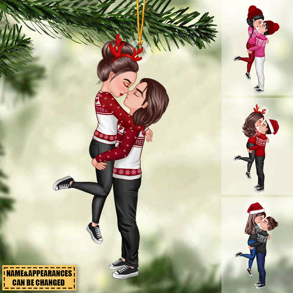 Winter Christmas Couple Kissing Hugging Personalized Acrylic Ornament