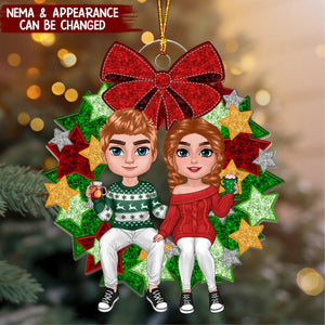Christmas Couple Sitting On Faux Sequin Wreath Personalized Ornament