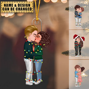 Christmas Couple Kissing With Light String - Personalized Acrylic Ornament