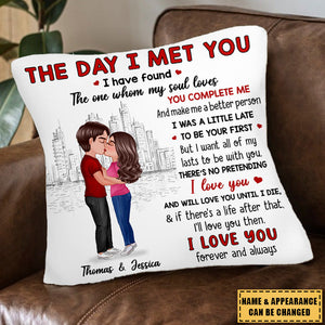 Doll Couple Kissing Skyline The Day I Met You Gift For Him For Her Personalized Pillow