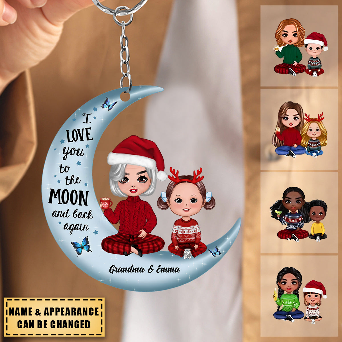 Doll Grandma & Grandkid On Moon Christmas Gift Personalized Acrylic Keychain