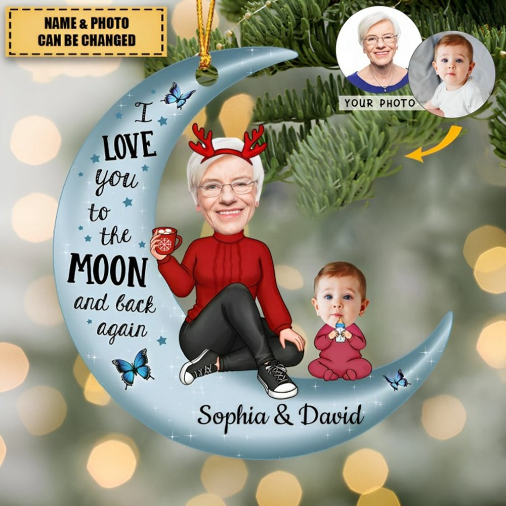 I love you to the Moon and back again Funny Upload Photo Grandma Grandkids Personalized Ornament