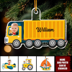 Kid Riding Container Truck/ Tractor/ Airplane/ Sailboat - Personalized Acrylic Photo Ornament