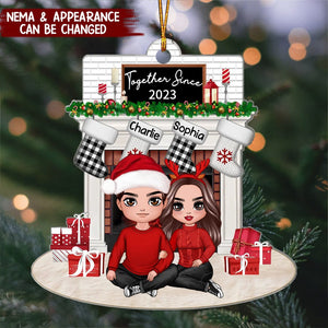 Couple Sitting Hugging At Christmas Fireplace Personalized Ornament
