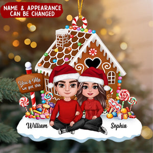 Couple Sitting Front Gingerbread House - Personalized Wooden Ornament
