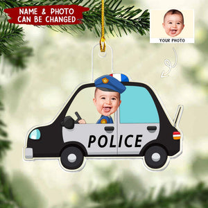 Kid Riding A Police Car- Personalized Photo Ornament