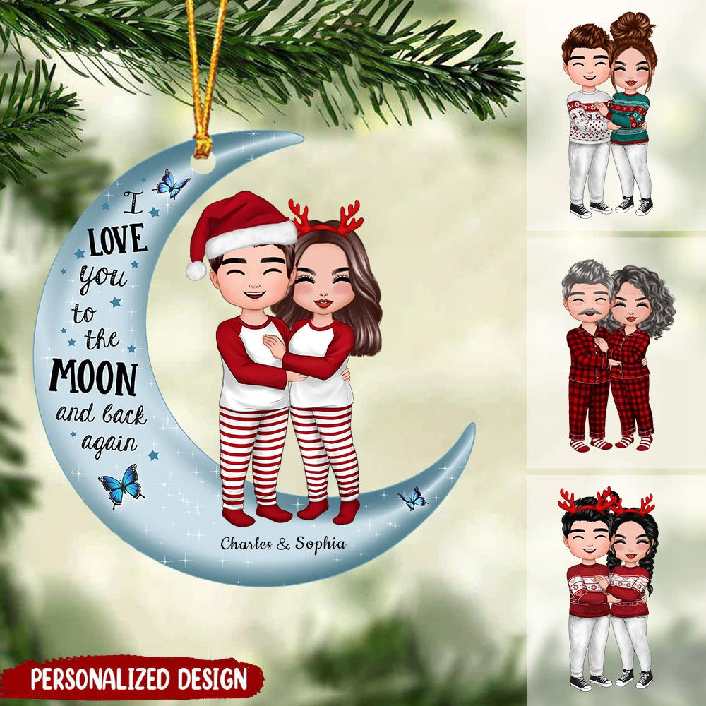 Christmas Doll Couple Standing Hugging On Moon - Personalized Ornament