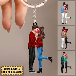 Couple Hugging And Kissing - Personalized  Keychain