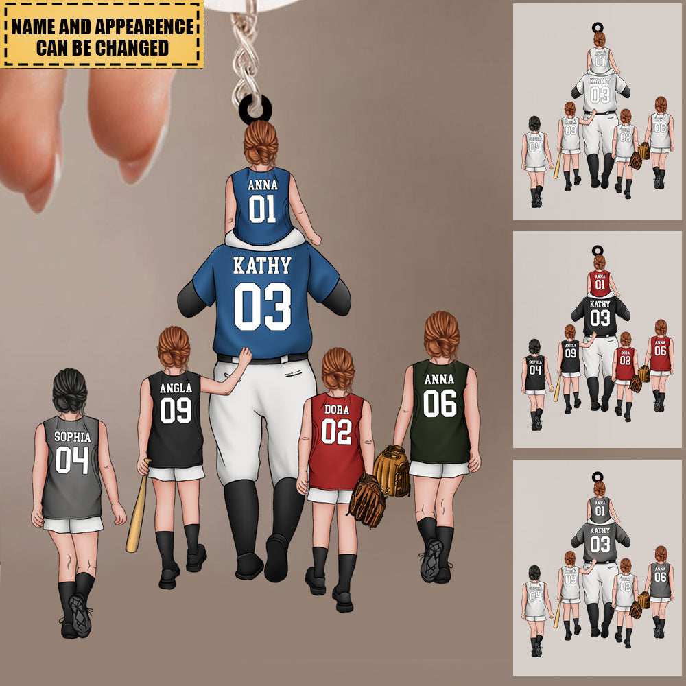 Dad And Kids Play Softball Together  - Personalized Keychain