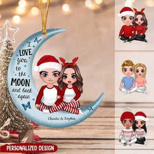 Christmas Doll Couple Sitting Hugging On Moon - Personalized Ornament