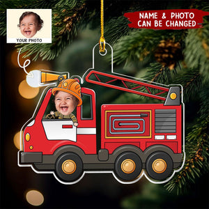 Kid Riding Fire Truck - Personalized Photo Ornament
