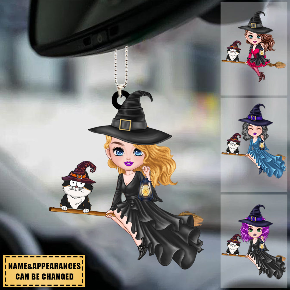 Witch Riding Broom Mystical Girl With Cute Cat Kitten Pet - Personalized Ornament