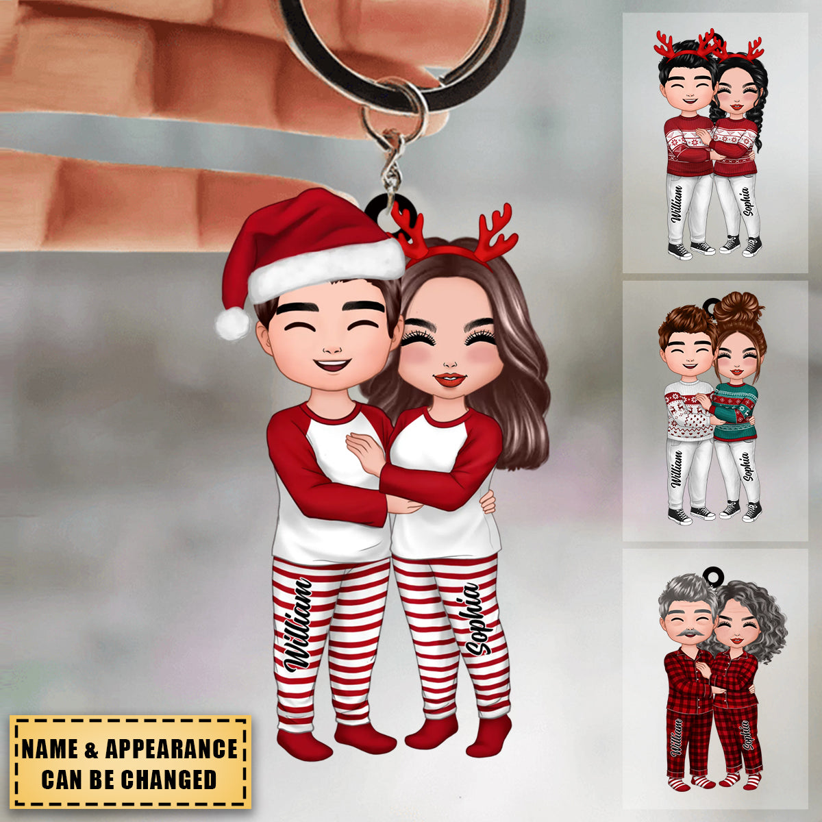 Christmas Doll Couple Standing Hugging - Personalized Keychain