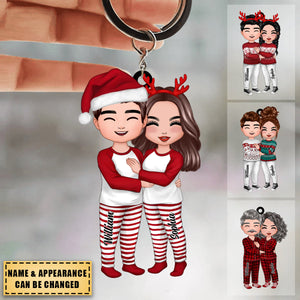 Christmas Doll Couple Standing Hugging - Personalized Keychain