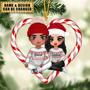 Christmas Doll Couple Sitting Candy Cane Heart Personalized Ornament