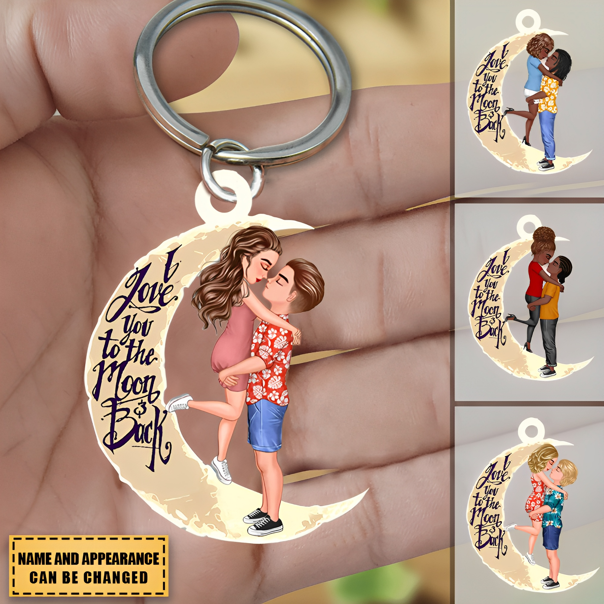 Sweet Couple Kissing & Hugging On The Moon, I Love You To The Moon & Back - Personalized Keychain