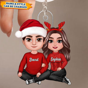 Perfect Gifts For Couple - Christmas Couple Sitting Hugging Christmas Gift Personalized Keychain