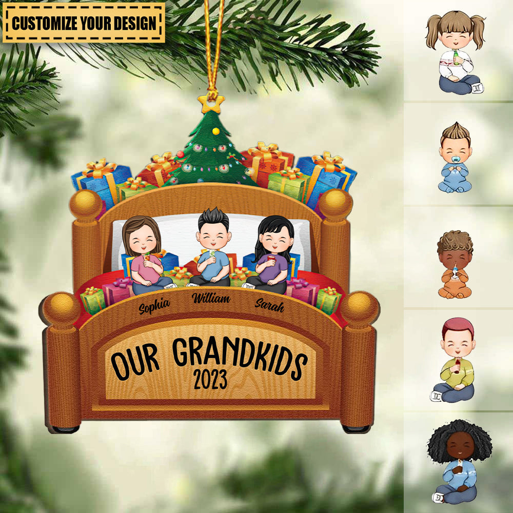 Grandkids Family Joyful Xmas In Bed - Personalized Custom Shaped Wooden Ornament With Bow