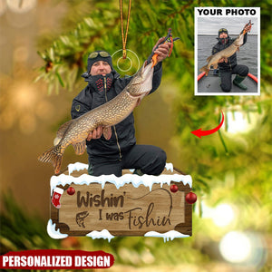 Wishin' I Was Fishing - Personalized Custom Photo Mica Ornament - Christmas Gift For Fishing Lover, Fisher, Friends, Family Members