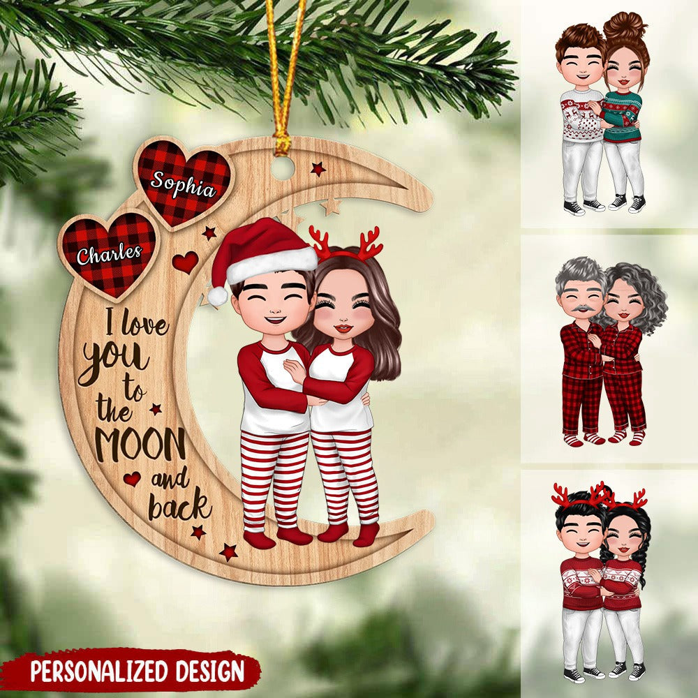 Christmas Doll Couple Standing Hugging - Personalized Wood Ornament