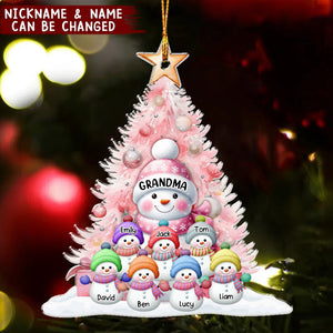 Pinky Christmas Tree Cute Snowman Grandma Mom Kids Personalized Ornament