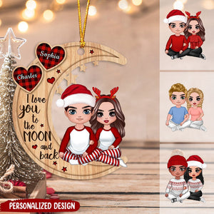 Christmas Doll Couple Sitting Hugging Personalized Wood Ornament