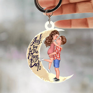 Sweet Couple Kissing & Hugging On The Moon, I Love You To The Moon & Back - Personalized Keychain
