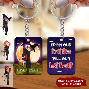 Halloween Couple Kissing and Hugging On Moon, From Our First Kiss Till Our Last Breath Personalized Keychain